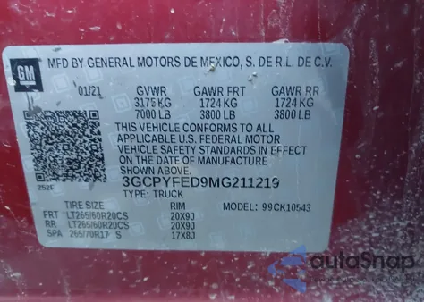 2021 Chevrolet Silverado 1500 4Wd Short Bed Lt Trail Boss z USA, uszkodzony, nr VIN 3GCPYFED9MG211219